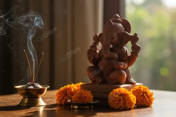 Lord Ganesha Idol with Incense and Marigold Flowers in Soft Morning Light
