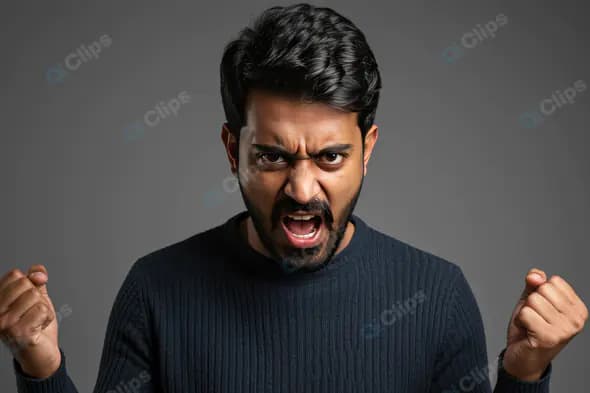 Angry Indian Man Yelling Aggressively with Both Fists Raised on Grey Background