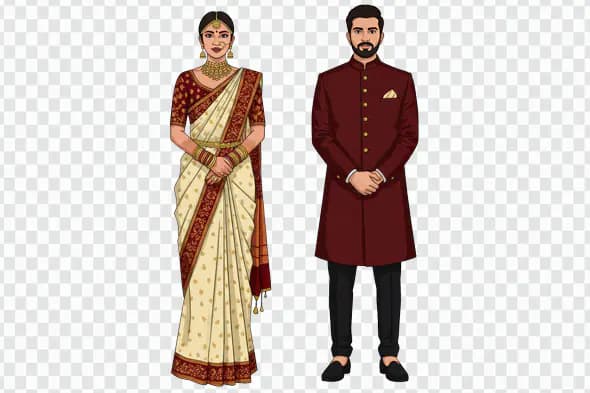 Indian Wedding Couple PNG – Traditional Saree & Sherwani Full-Length Illustration