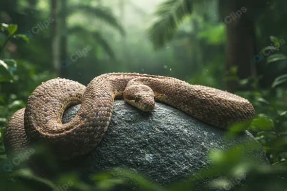 Coiled Brown Snake Resting on Rock in Indian Jungle