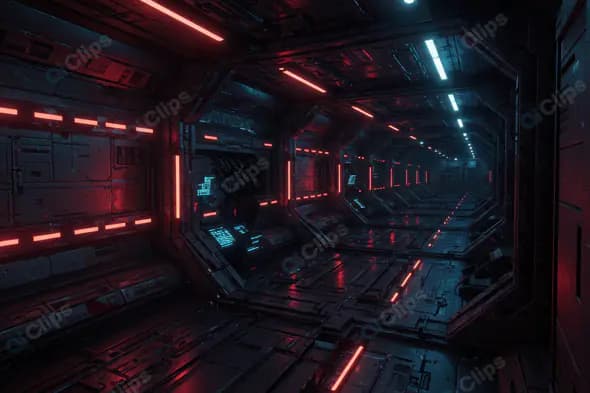 Futuristic Sci-Fi Spaceship Corridor with Red and Blue Neon Lights