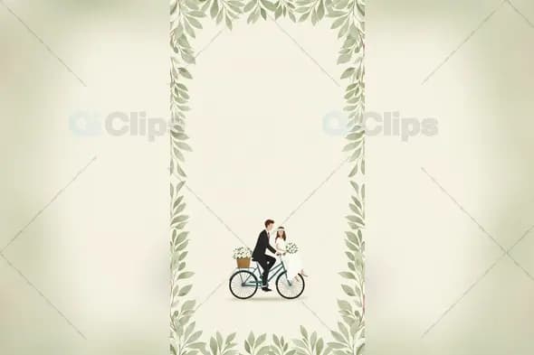 Wedding Invitation with Bicycle Couple and Green Leaf Border