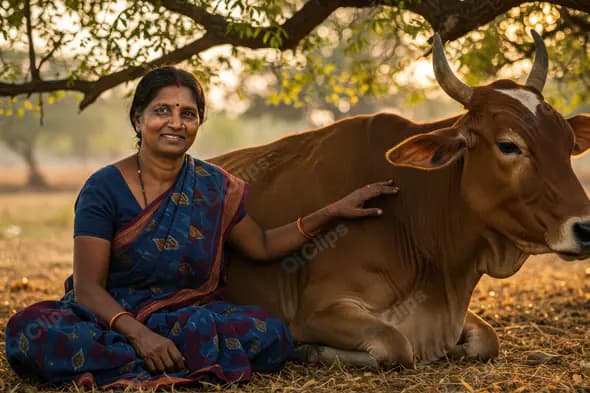 Smiling Indian Woman Sitting Beside Cow Under Tree in Rural Village Setting