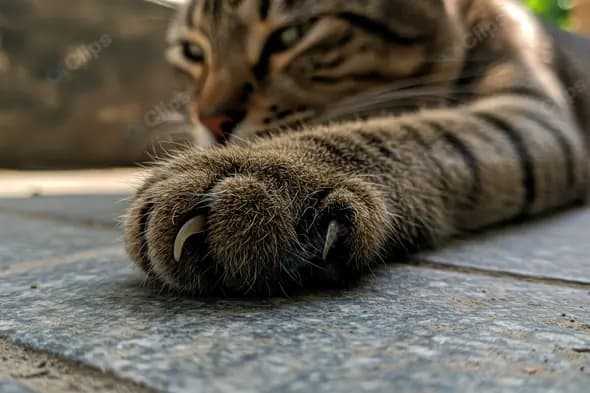 Close-Up of Cat Paw with Sharp Claws Extended on Tile Floor