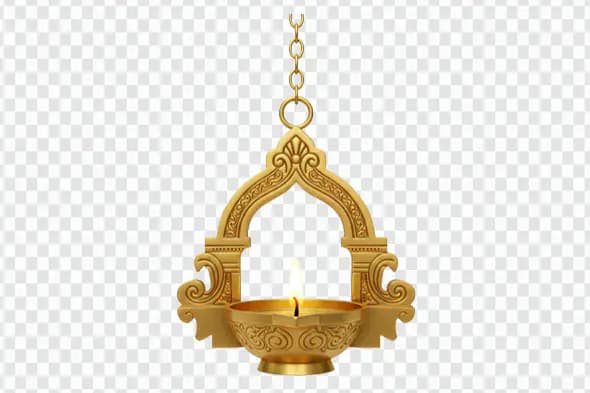 Traditional Brass Hanging Diya with Temple Arch Frame – Indian Festival PNG