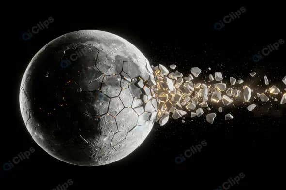 Shattered Moon Exploding in Space with Glowing Fractures