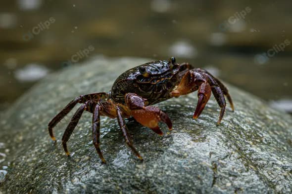 Wet Crab on River Rock in Rainy Jungle Stream Close-Up