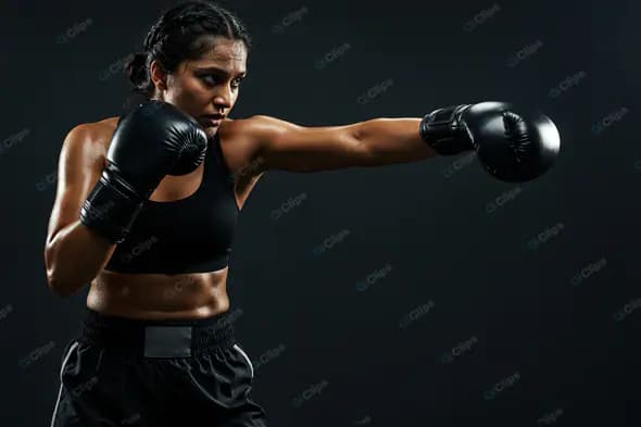 Intense Female Boxer's Precision Punch