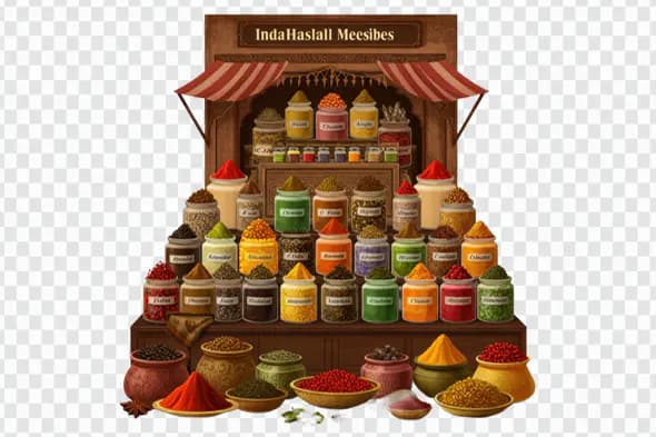 Colorful Indian Spice Market Stall with Jars, Powders, and Herbs