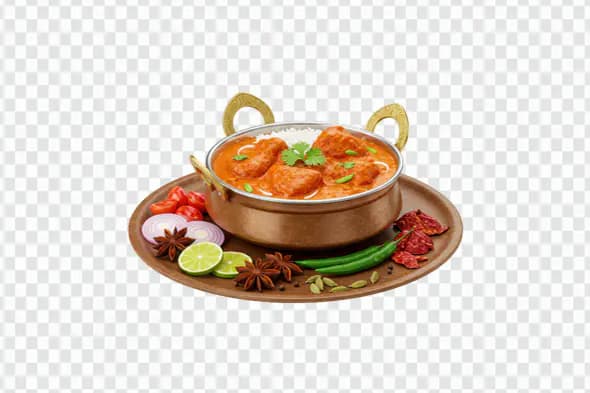 Indian Butter Chicken with Rice PNG – Copper Bowl & Spices on Wooden Platter