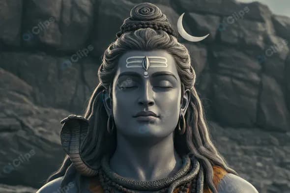 Close-Up Portrait of Lord Shiva in Deep Meditation with Snake and Crescent Moon