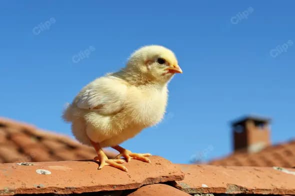 Cute Yellow Chick Standing on Tiled Roof under Clear Blue Sky