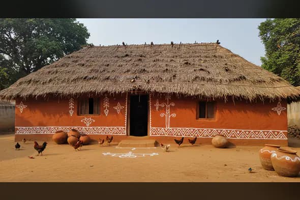 Colorful Indian Tribal Mud House with White Wall Art and Village Chickens