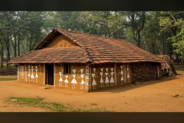 Tribal Indian Village Mud House with Warli Art and Clay Tile Roof