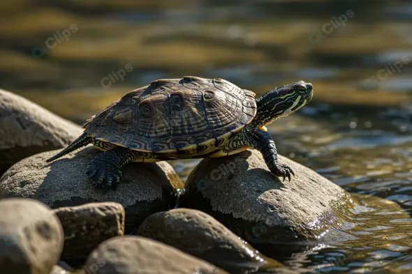 Turtle Basking on River Rocks in Natural Sunlight