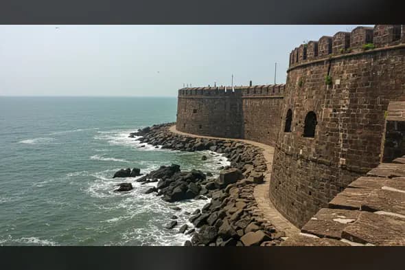 Historic Indian Sea Fort with Stone Walls Against Ocean Waves