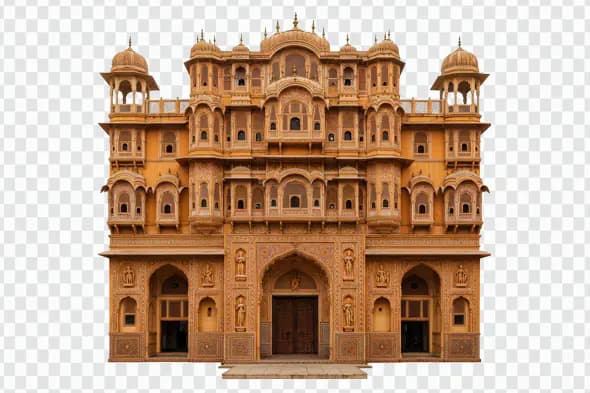 Majestic Rajasthani Palace Facade with Jharokha Architecture and Intricate Carvings