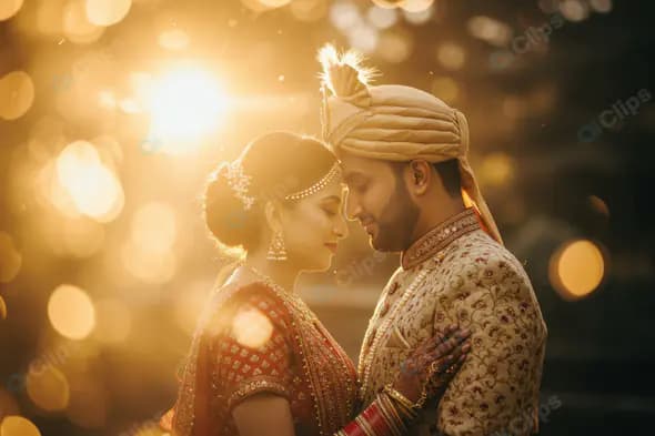 Romantic Indian Wedding Couple Embracing at Sunset with Golden Bokeh