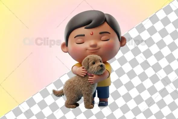 Indian Boy Hugging Pet Dog 3D Illustration