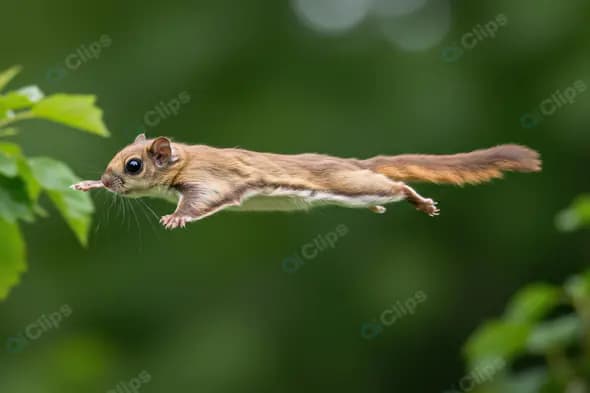 Flying Squirrel in Mid-Air Leap Towards Tree Branch