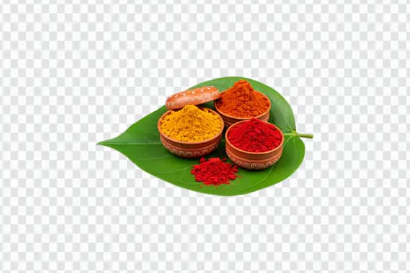 Indian Puja Powders PNG Clipart with Kumkum, Haldi, and Sindoor on Leaf