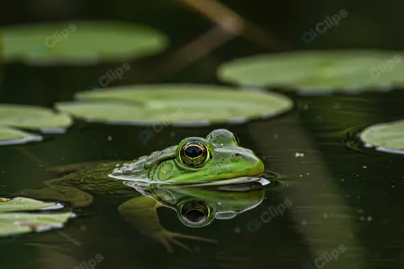 Green Frog Floating Amidst Lily Pads in Calm Pond