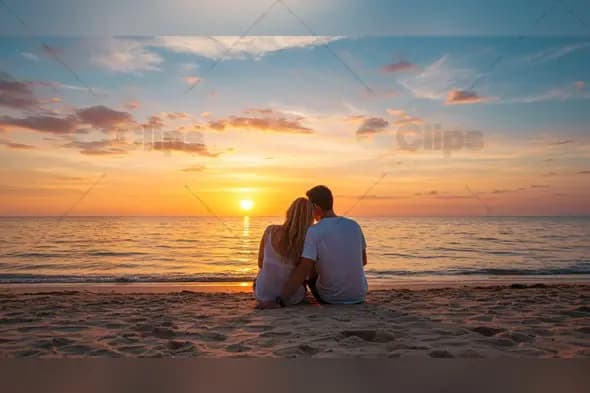 Couple Watching Ocean Sunset on Sandy Beach