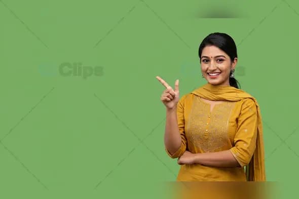 Cheerful Woman in Vibrant Attire, Green Background