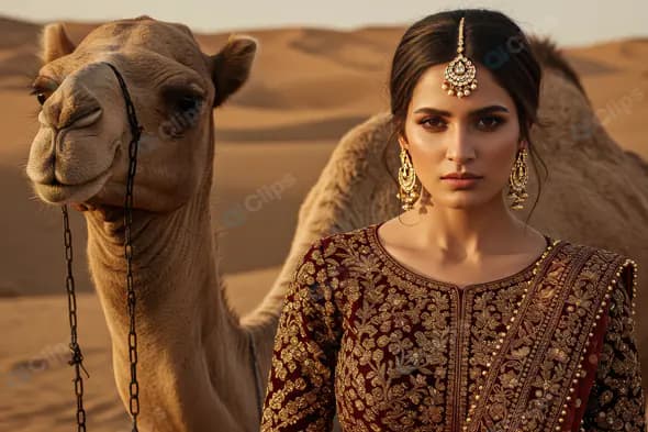 Elegant Indian Woman in Maroon Lehenga with Camel in Desert Setting