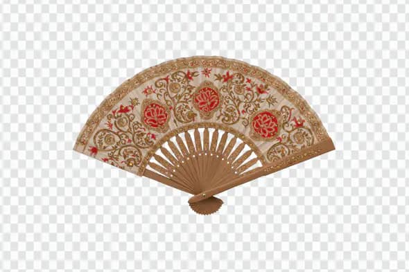Elegant Indian Embroidered Hand Fan PNG – Red Floral Royal Design with Transparent Background