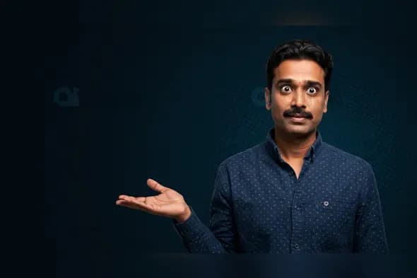 Surprised Indian Man in Casual Attire with Open Palm Gesture