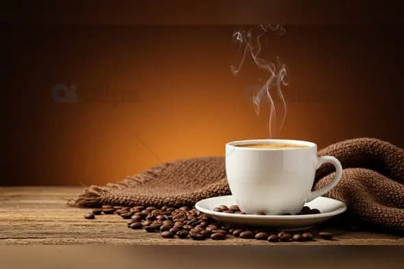 Steaming Coffee Cup with Beans on Rustic Wooden Table