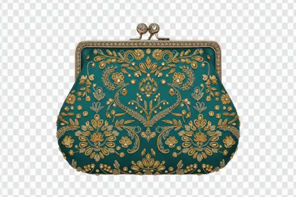 Teal Embroidered Indian Clutch PNG – Traditional Gold Zari Wedding Purse