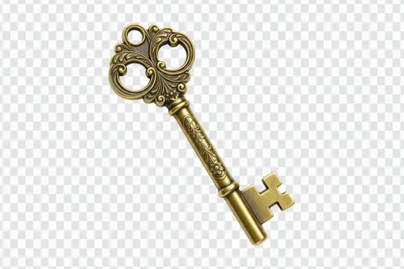 Vintage Ornate Brass Key PNG – Antique Golden Skeleton Key with Transparent Background