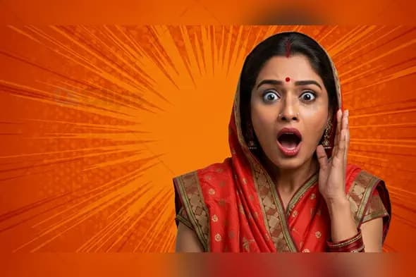 Surprised Indian Woman in Traditional Attire with Comic Background