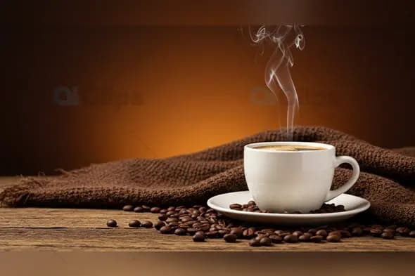 Steaming Coffee Cup with Beans on Rustic Wooden Surface