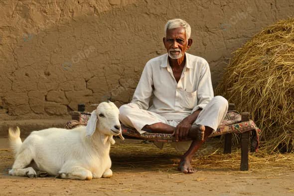 Elderly Indian Farmer Sitting on Cot with Goat in Rural Village Scene