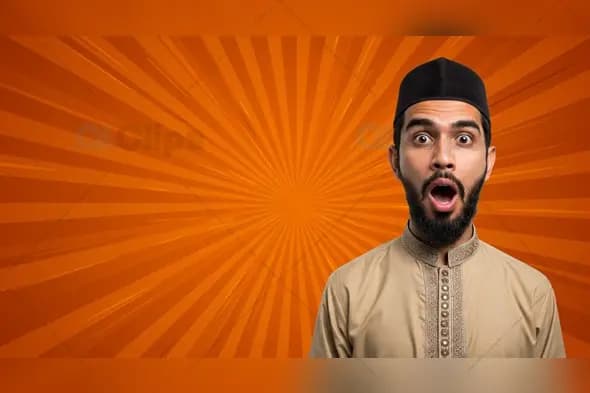 Surprised Man in Traditional Attire with Comic-Style Background