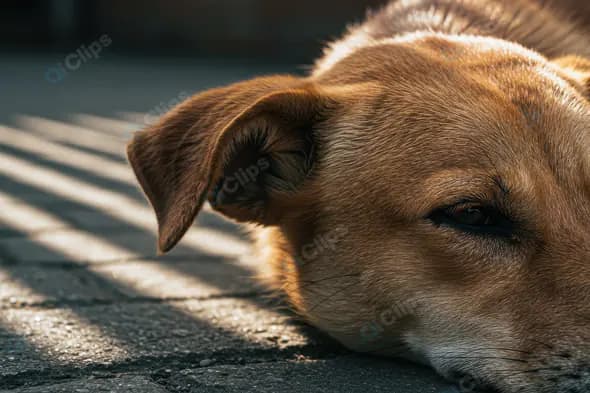 Close-Up of a Sad Brown Dog Resting in Dramatic Shadow Light