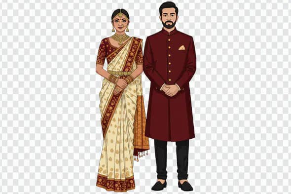 Traditional Indian Couple PNG – Wedding Saree & Sherwani Transparent Illustration