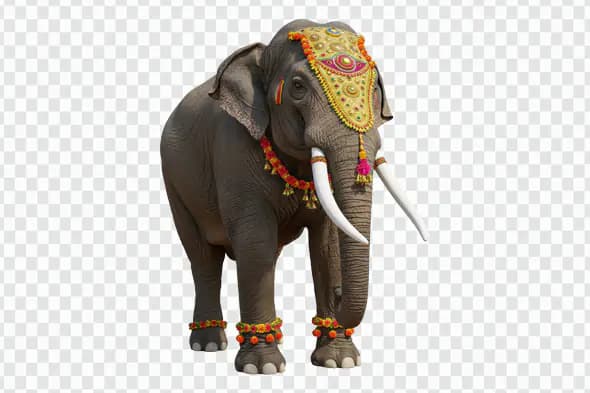 Indian Festival Elephant Decorated with Floral Garlands and Ornate Headpiece