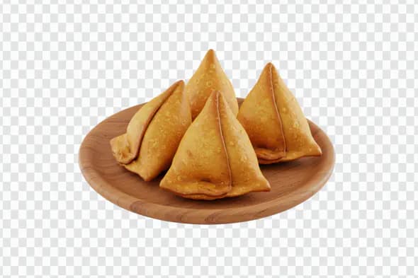 Indian Samosa PNG with 4 Pieces on Wooden Plate – Authentic Snack Visual