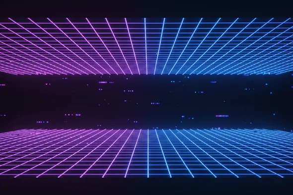 Futuristic Neon Grid Horizon with Pink and Blue Glow background