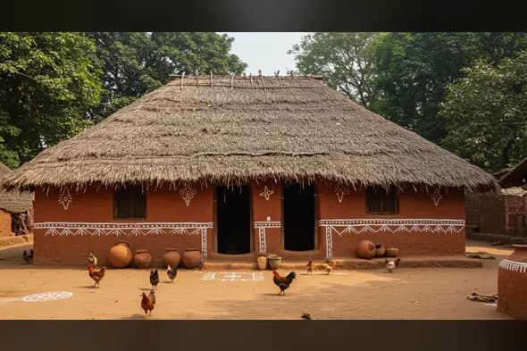 Traditional Indian Village Mud House with Tribal Wall Art and Clay Pots