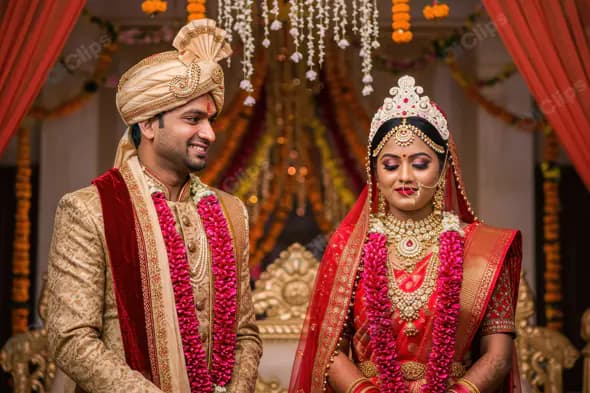 Traditional Indian Wedding Couple in Red and Gold