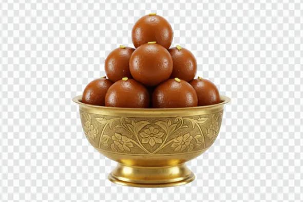 Laddu PNG in Golden Bowl – Indian Sweet Transparent Clipart