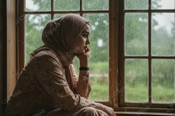 Thoughtful Woman in Hijab Sitting by Rainy Window