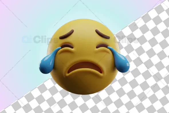 3D Crying Emoji with Large Teardrops and Transparent Background