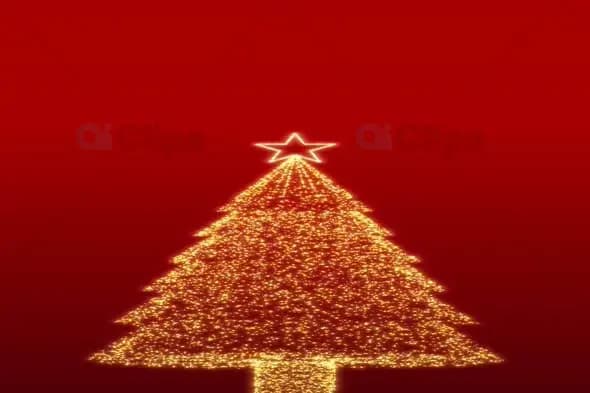 Sparkling Golden Christmas Tree Animation on Red Background