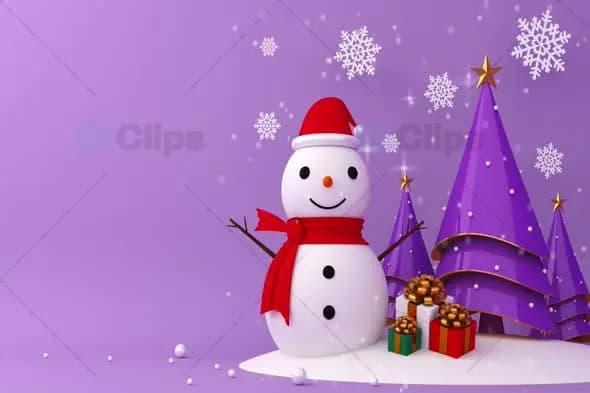 Cheerful Snowman with Gifts and Purple Christmas Trees